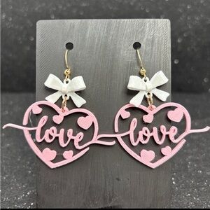 Pink Heart Love Earrings with White Bows